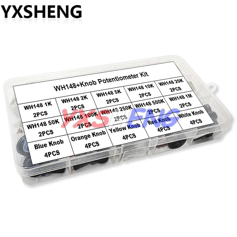 20 juegos WH148 15MM Kits de potenciómetro único B1K/2K/5K/10K/20K/50K/100K/250K/500K/1M, con juego de perillas blancas, azules, amarillas, naranjas y rojas - imagen 2