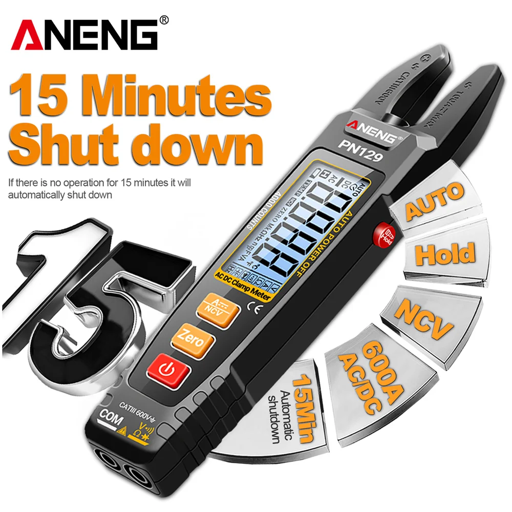 Medidor Digital de abrazadera en U ANENG PN129, amperímetro 100A AC/DC 600V NCV, multímetro de rango automático de inducción, herramienta de electricista DIY de 4000 recuentos - imagen 2