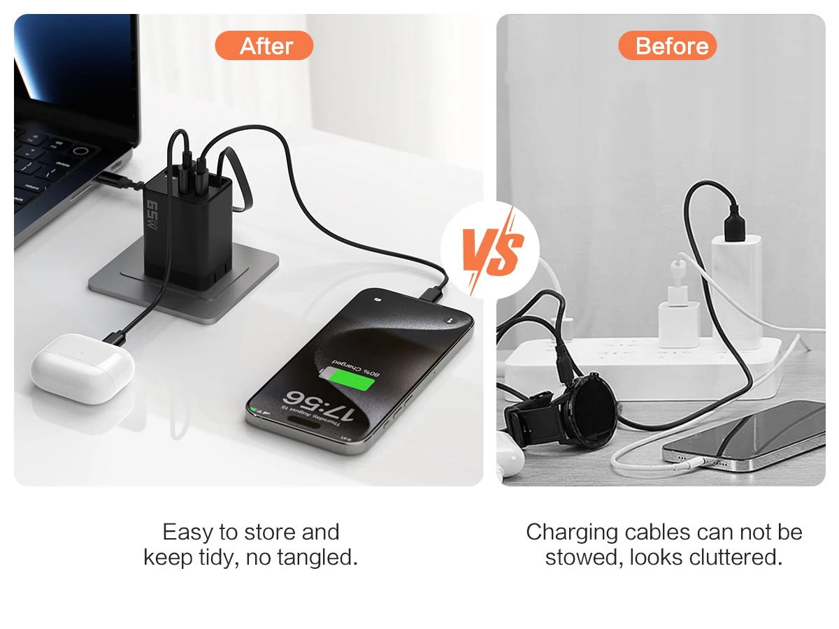 Cargador GaN de 65W con Cable retráctil PD de carga rápida para ordenador portátil Macbook iPhone 16 15 14 Xiaomi tipo C cargador de teléfono - imagen 5