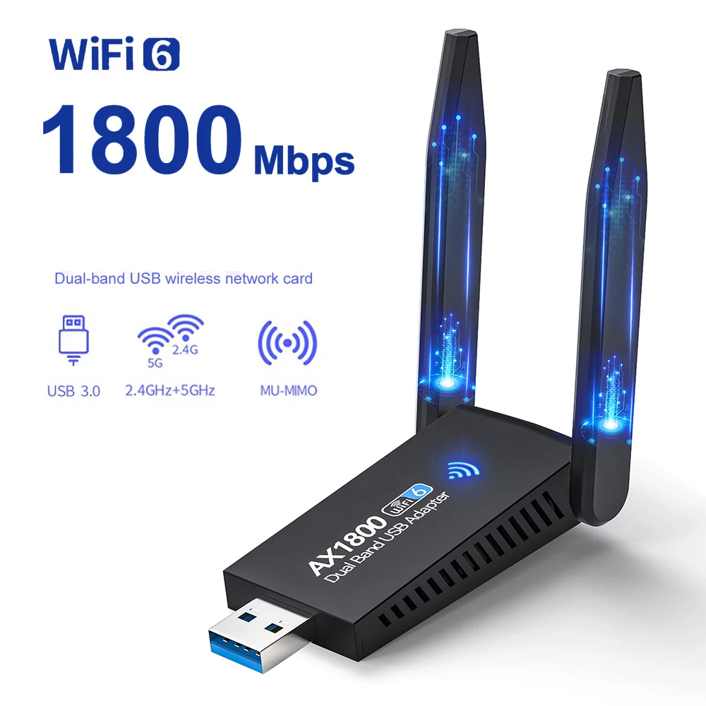 Adaptador USB WIFI 6 de 1800M, tarjeta de red AX1800 Dual de antena, banda Dual 2,4G 5G, adaptador WiFi para PC, portátil, tableta, controlador de juegos
