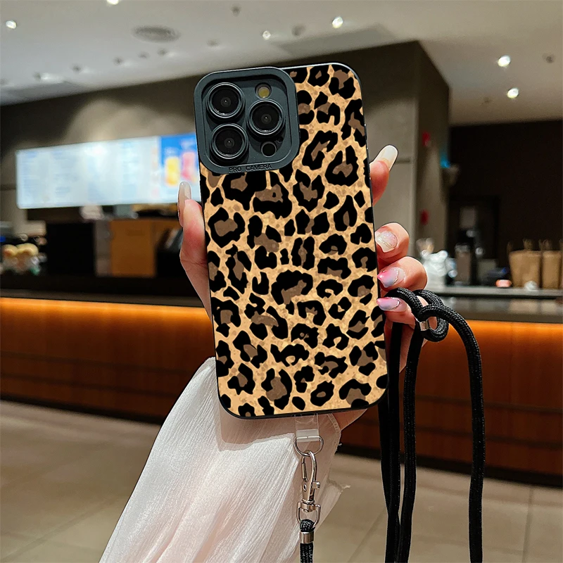 Funda de teléfono con correa de leopardo marrón para Xiaomi Redmi Note 13 12 11 Pro Plus 12S 11S 11 10S 10 Redmi 12C 13C, funda de silicona
