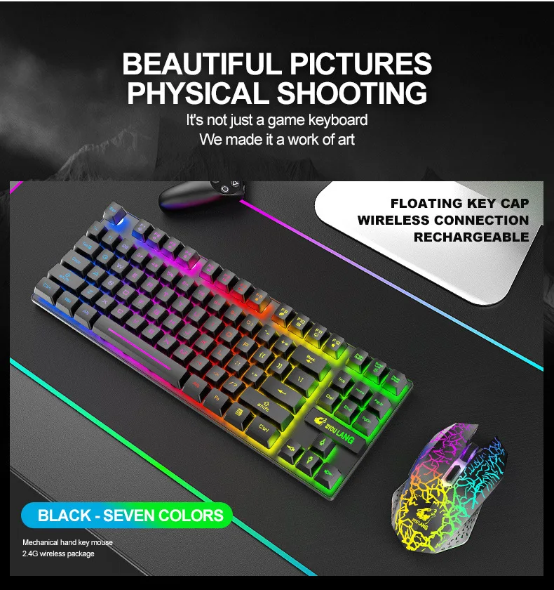 Teclado y ratón inalámbricos RGB 2,4G, retroiluminación LED portátil, 87 teclado, ratón de 2400DPI, Kit de jugador para ordenador portátil, PC de escritorio - imagen 4