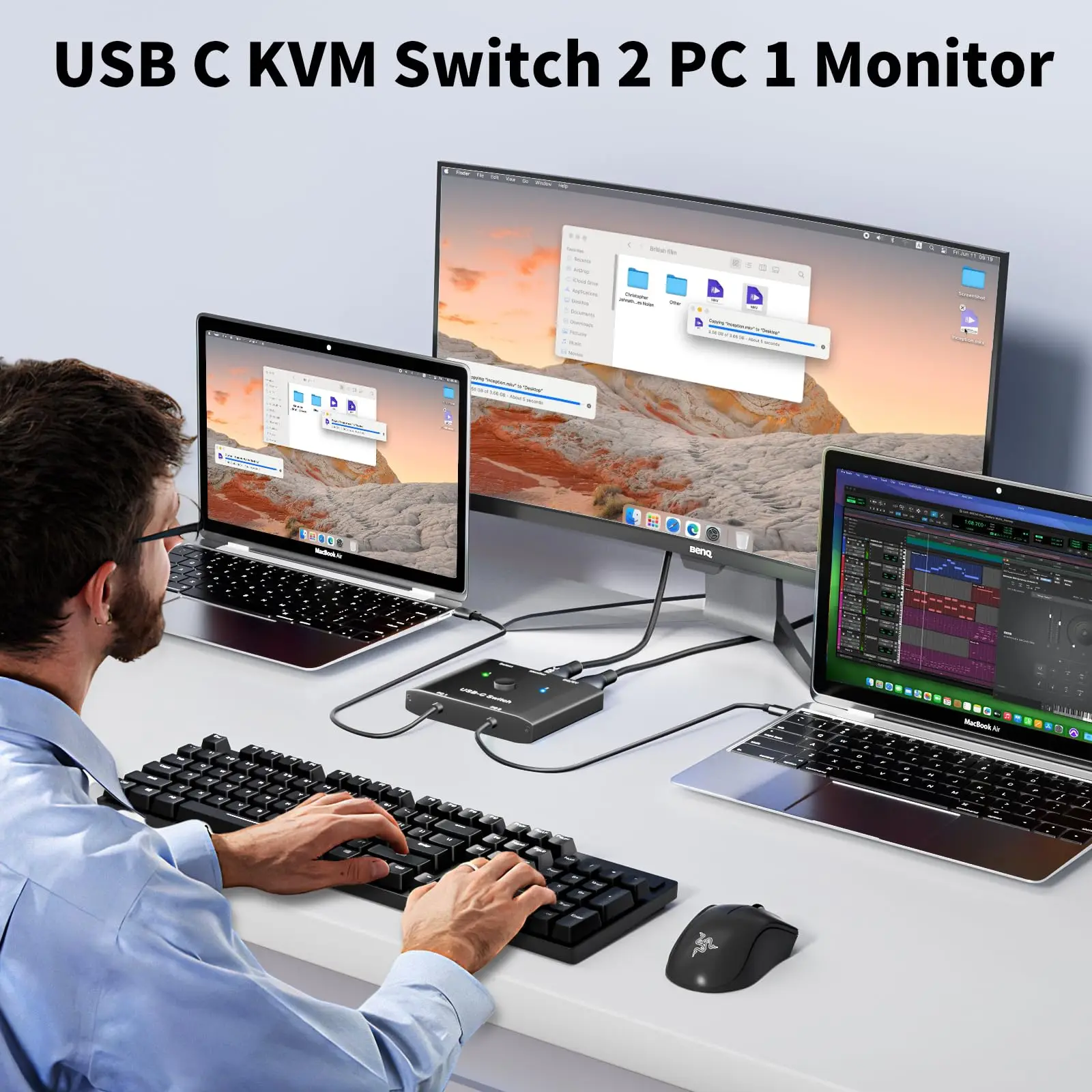 Conmutador USB C 2 en 1 salida, conmutador KVM KCEVE 2 portátiles 1 Monitor 4K @ 120Hz, carga PD 100W/USB 3,1 Gen 2/10Gbps/Control remoto con Cable - imagen 2