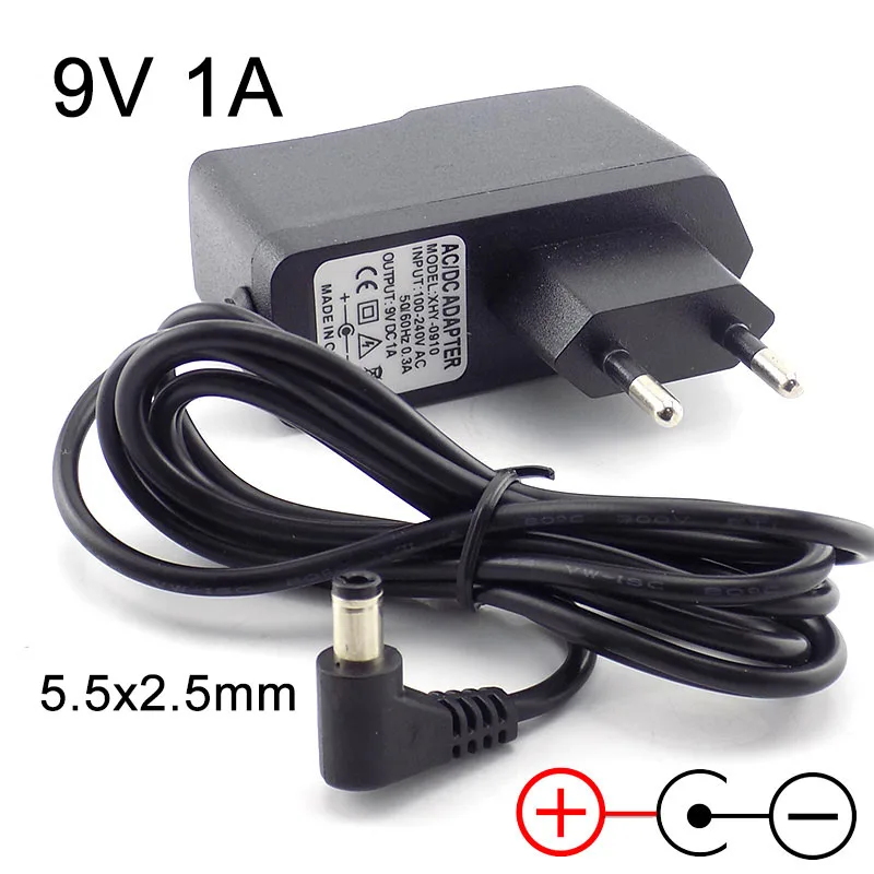 Cable adaptador de corriente de CA 100V-240V a CC 9V 1A, adaptador de CA negativo interior, convertidor de enchufe de fuente de alimentación de 1000Ma, 5,5x2,5mm, enchufe europeo h2