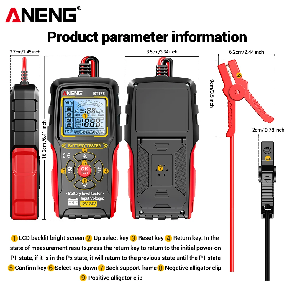 ANENG-Herramienta de prueba de batería Digital Universal con pinza de cocodrilo aislada, pantalla LCD, prueba profesional de batería de coche BT175 - imagen 5