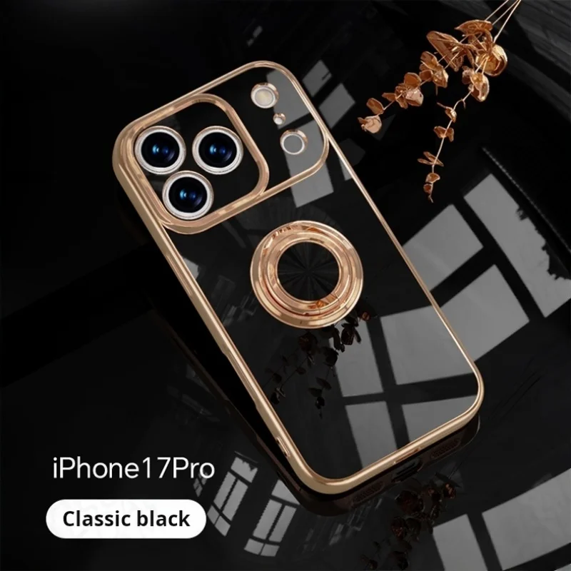 Funda suave con soporte de anillo de Metal de lujo para iPhone 17 Air 16 E 15 14 13 12 Mini 11 Pro Xs Max SE XR Plus, funda de silicona chapada