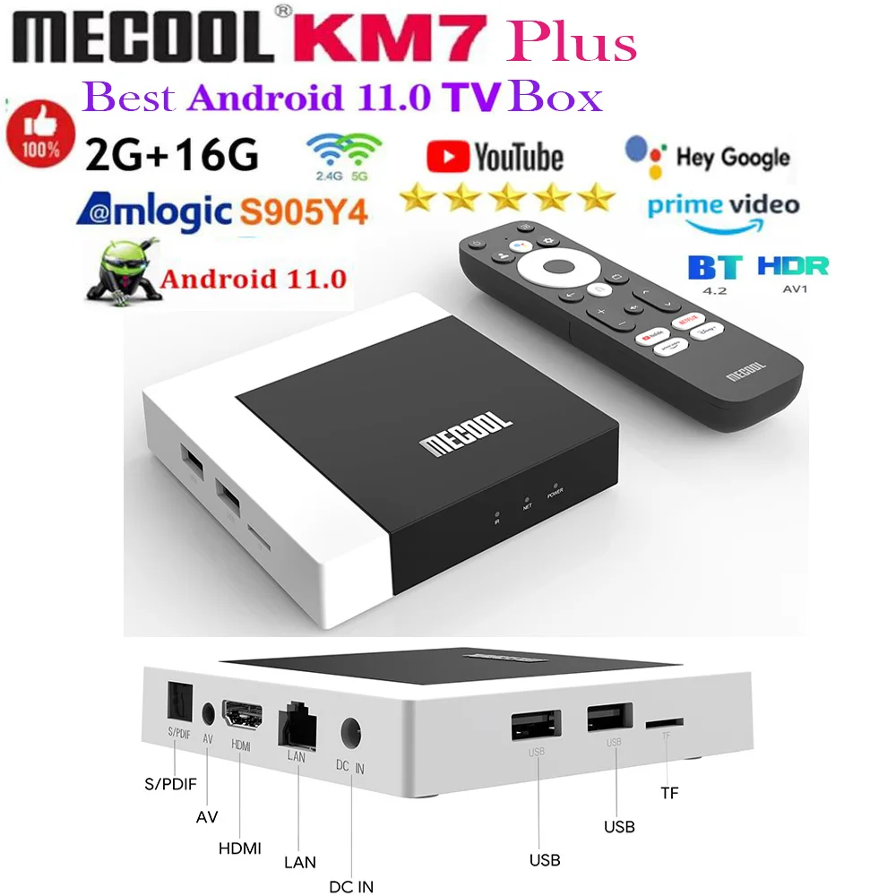 [Genuino] MECOOL KM7 Plus Smart TV Box Android 11 Netflix 4k Google TV 2G DDR4 16G ROM 100M LAN Internet S905Y4 reproductor multimedia doméstico