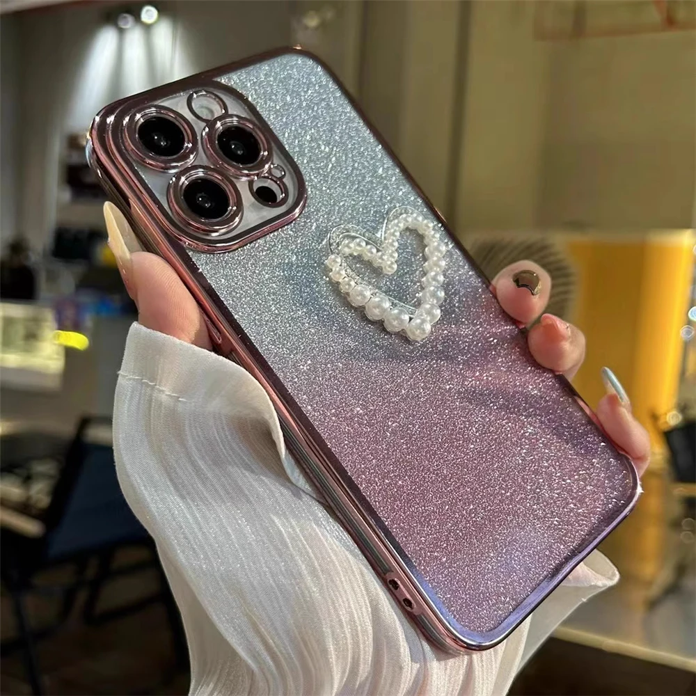 Funda de teléfono con purpurina y corazón de amor y perlas 3D para Samsung S25 S24 S23 Ultra S21 S22 Plus S20 FE S10, funda trasera de silicona suave a prueba de golpes - imagen 2