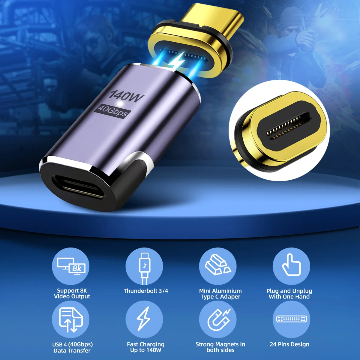 Cable USB-C Magnético 140W - Carga Rápida Thunderbolt3 40Gbps 8K - imagen 4