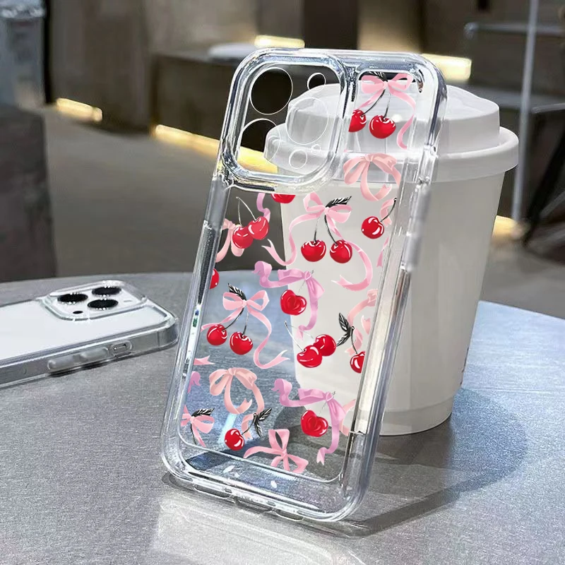 Funda de teléfono transparente suave a prueba de golpes de lujo para iPhone 16 15 14 13 12 11 Pro Max XS XR 7 8 Plus SE 2020 cubierta con patrón de lazo de cereza