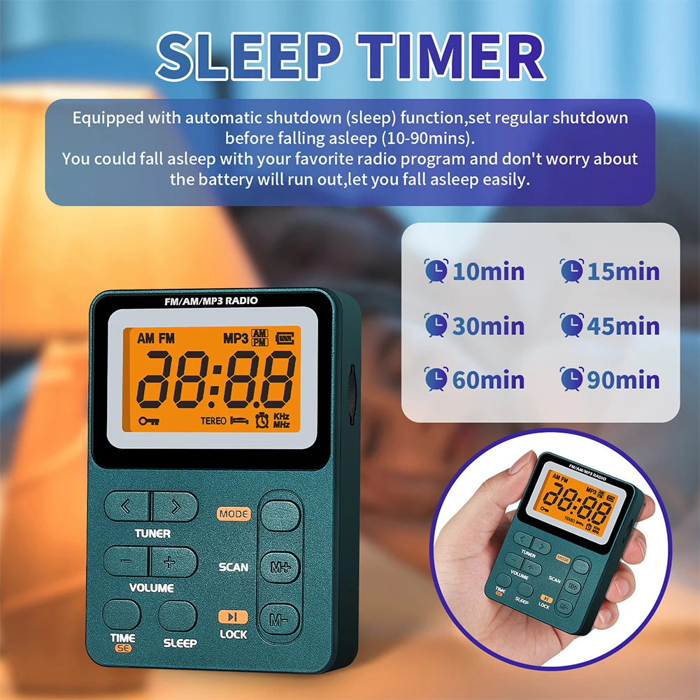 Radio portátil AM FM, Radio de bolsillo recargable con auricular estéreo MP3, Radio Transistor con pantalla LCD para correr/gimnasio/Camping - imagen 5