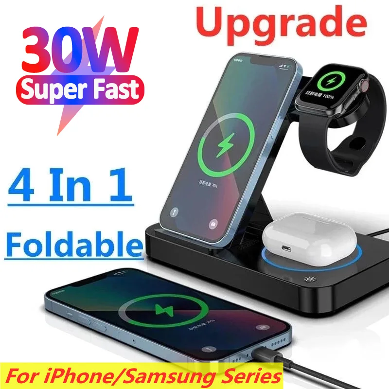 Estación de carga inalámbrica plegable 4 en 1, 30W, para iPhone 14, 13, 12 Pro Max, Airpods para Samsung Galaxy Watch 6, 5, 4, 3, S22, S21, S20