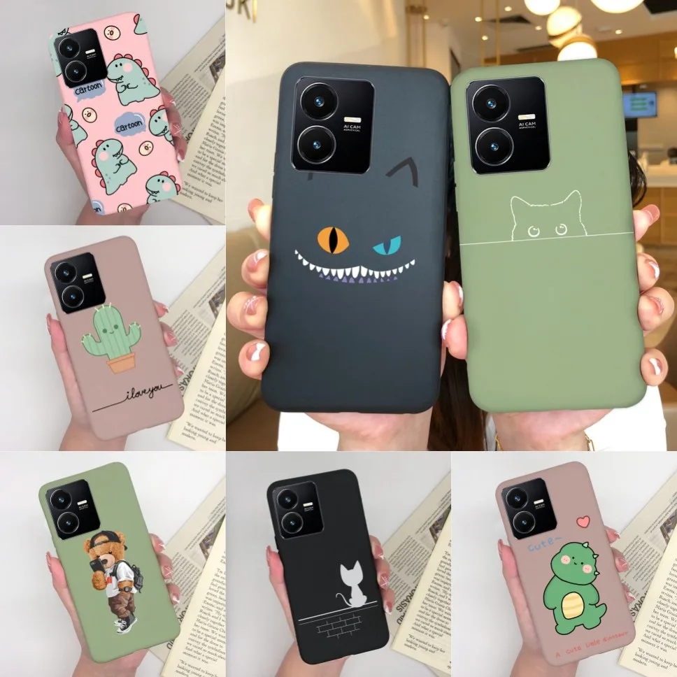 Funda para Vivo Y22, Y22S, Y35, Gato bonito, dinosaurio, silicona suave, TPU mate, Funda de teléfono para Vivo Y 22, Y22, S, Y35