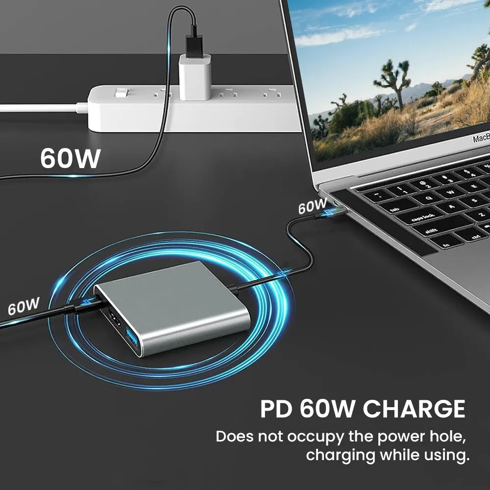 Hub USB C 3 en 1 con 60W tipo C, entrega de energía, adaptador portátil cuadrado 4K HDMI, concentrador de puertos múltiples para MacBook Air/Pro ChromeBook - imagen 3