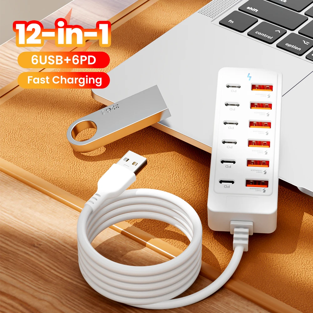 12 en 1 multipuerto USB extender cargador enchufe 6 tipo C + 6 USB PD carga rápida adaptador de corriente para teléfono móvil convertidor divisor USB