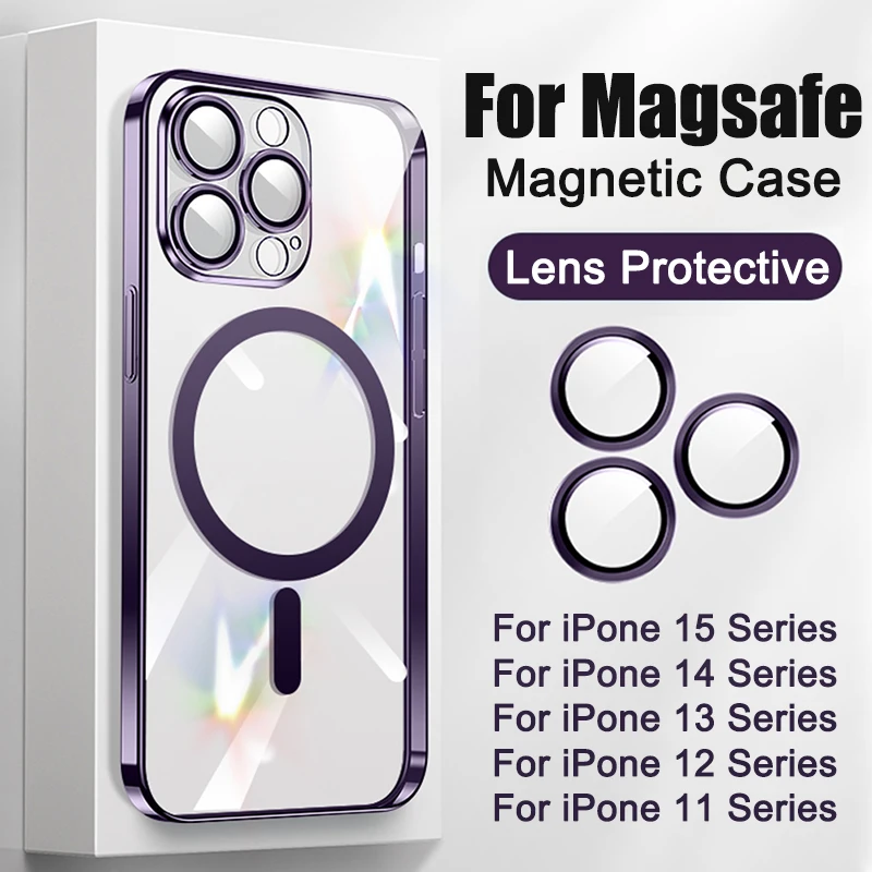 Funda de protección de lente completa de TPU suave chapada para iPhone 13, 14, 12, 11, 15 Pro Max Plus, Magsafe, funda de teléfono magnética, cubierta de carga inalámbrica - imagen 2