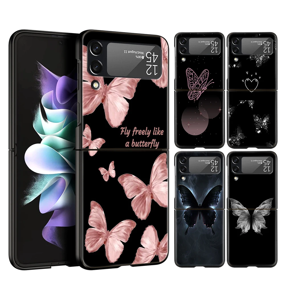 Funda de teléfono de lujo para Samsung Galaxy Z Flip 3 4 5 6 PC plegable dura para Samsung Z Flip3 Flip4 Flip5 cubierta mariposa amor negro