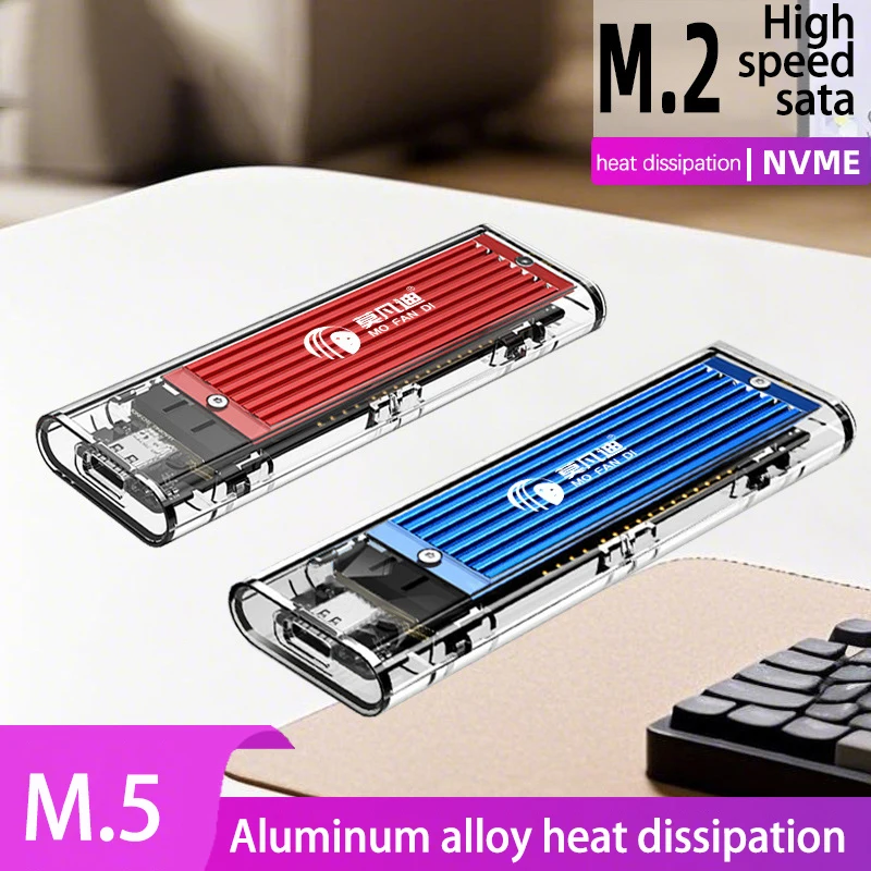 M. 5 Caja de disco duro de protocolo dual NVMe/NGFF de estado sólido con disipación de calor de aleación Disco duro móvil SSD transparente USB 3.1