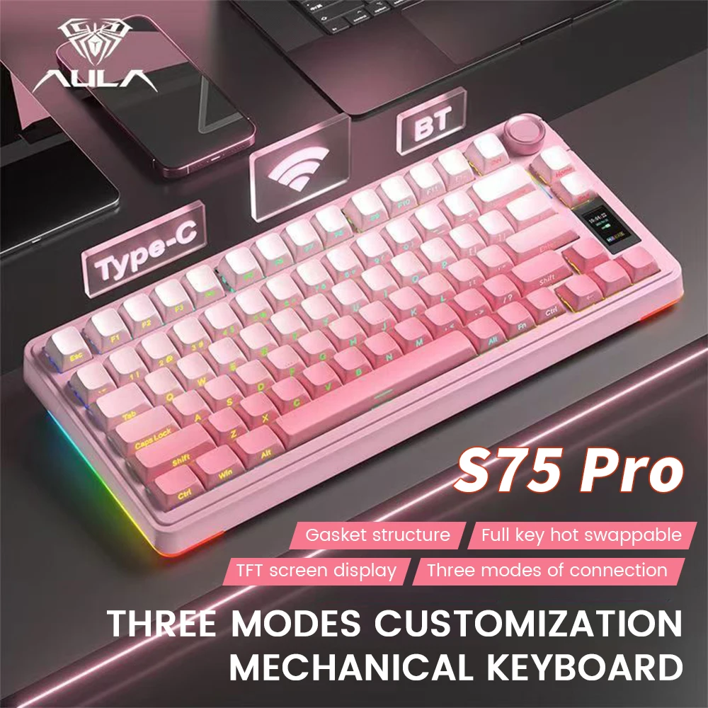 Teclado mecánico para juegos AULA S75 Pro, 75% intercambiable en caliente, retroiluminado RGB, teclas PBT de 4000mAh, teclado inalámbrico con perilla de pantalla LED - imagen 3