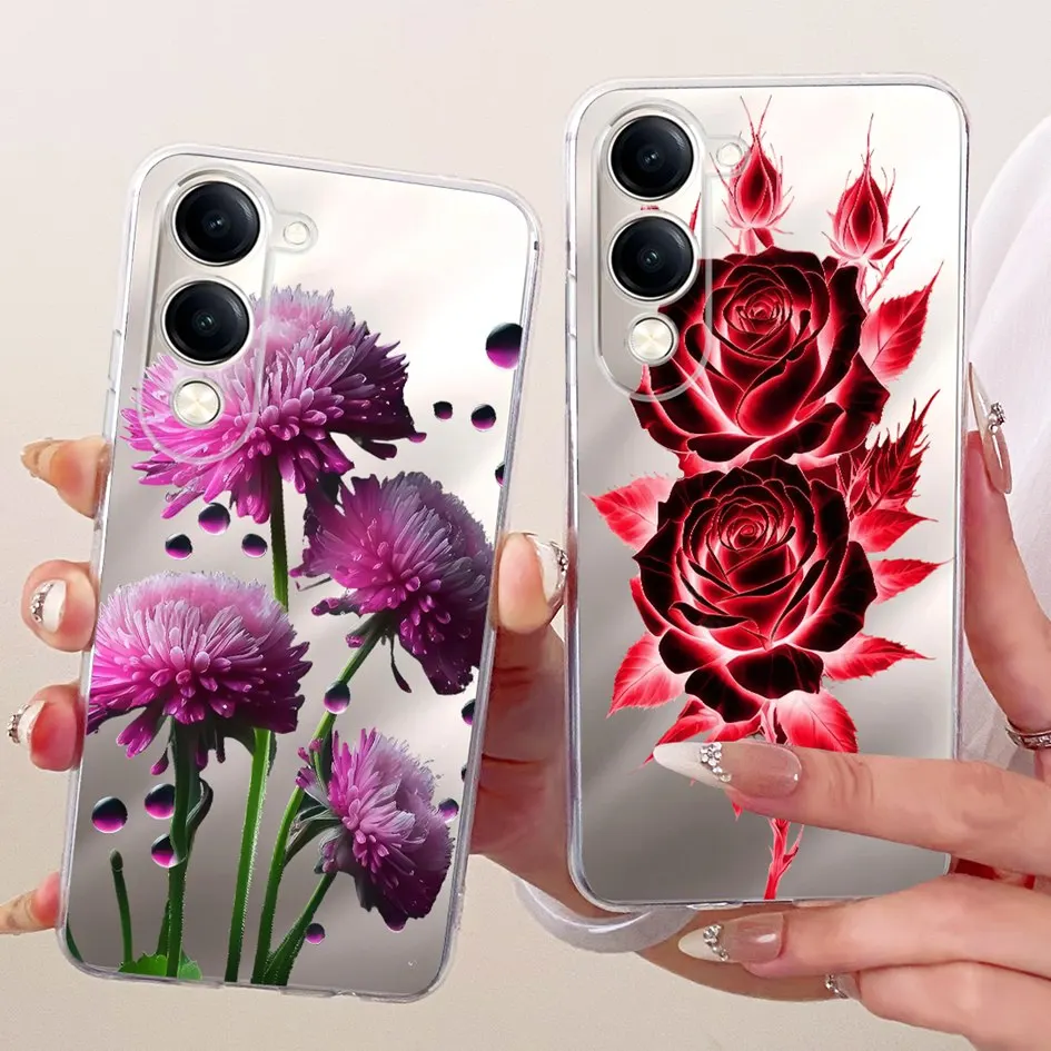 Para Vivo Y04 V2430 funda Y19 2025 V2432 funda de silicona nueva moda flor transparente suave TPU funda de teléfono para Vivo T4 Lite Y29s 5G Capa