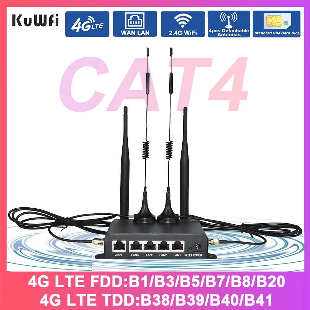 Enrutador KuWFi CAT4 4G LTE, enrutador WiFi de 300Mbps y 2,4 GHz, 4 antenas desmontables, módem 4G con puerto Ethernet WAN LAN, modo repetidor AP - imagen 2