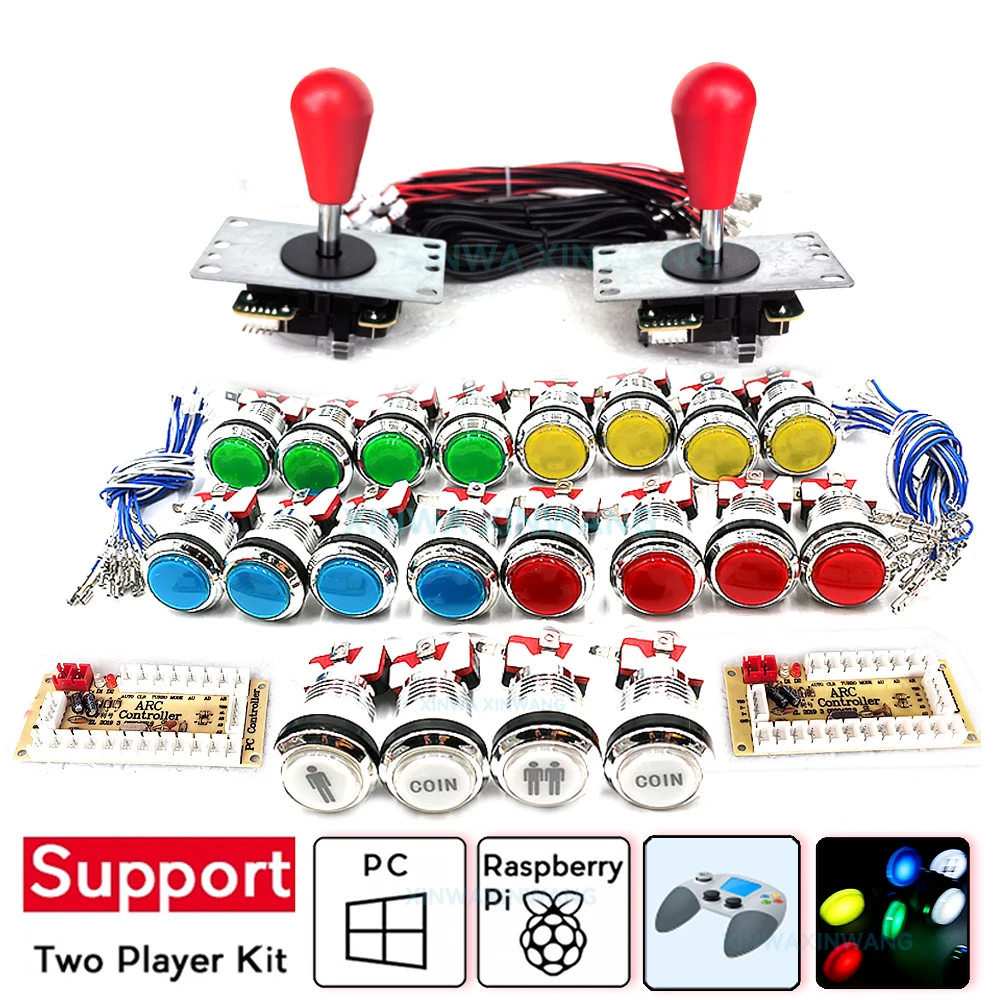 Joystick Arcade de retardo cero, Kit Diy, placa Usb para Pc, controlador de máquina de juego Raspberry Pi, botón iluminado cromado, interruptor de moneda