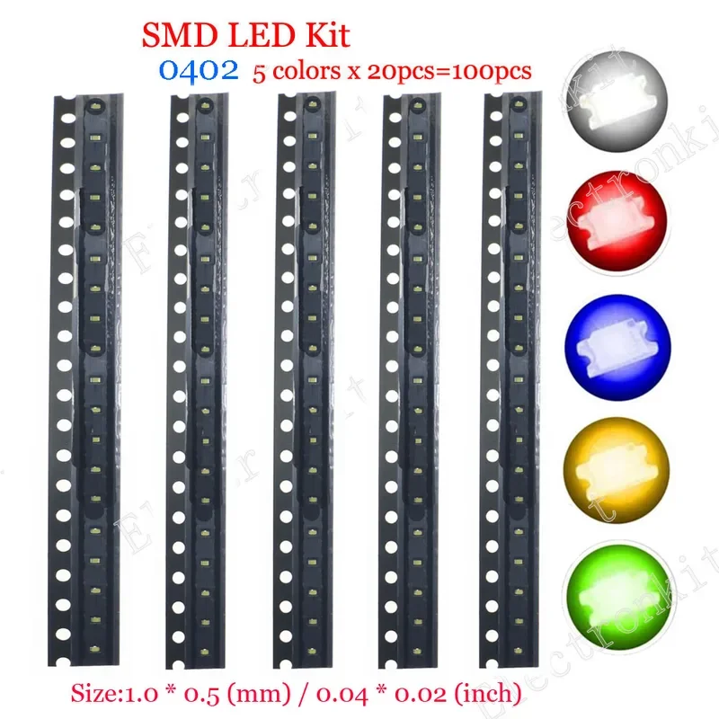100 unids/lote SMD LED kit surtido 0402 0603 0805 1206 1210 5730 5050 rojo verde azul blanco amarillo conjunto de diodos led de 5 colores cada 20