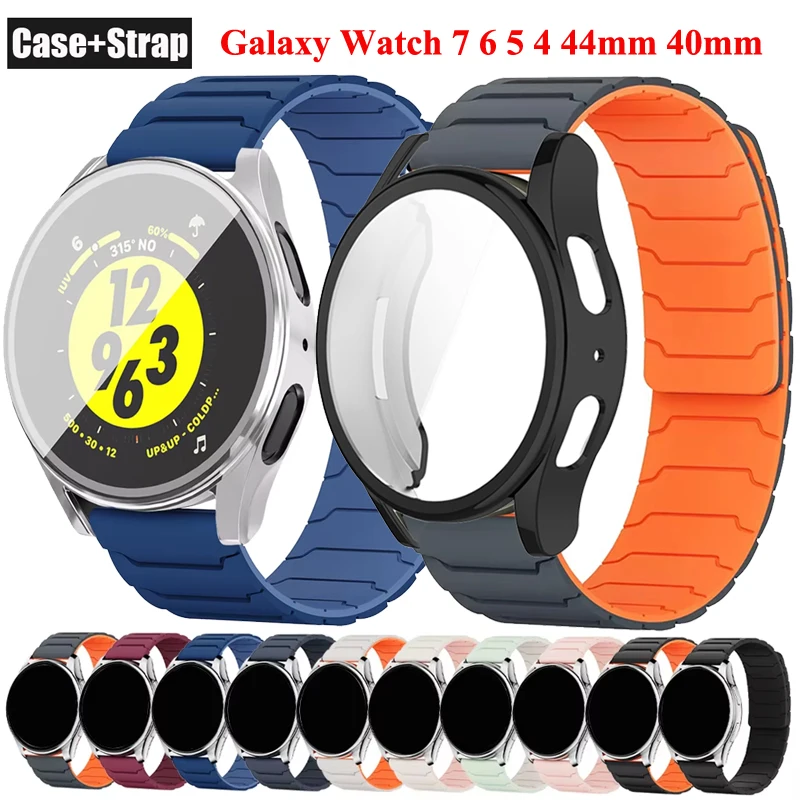 Funda 2 en 1 de TPU + correa para Samsung Galaxy Watch 7, 40mm, 44mm, banda magnética de silicona + funda para Samsung Galaxy Watch 6 5 4, 40mm y 44mm