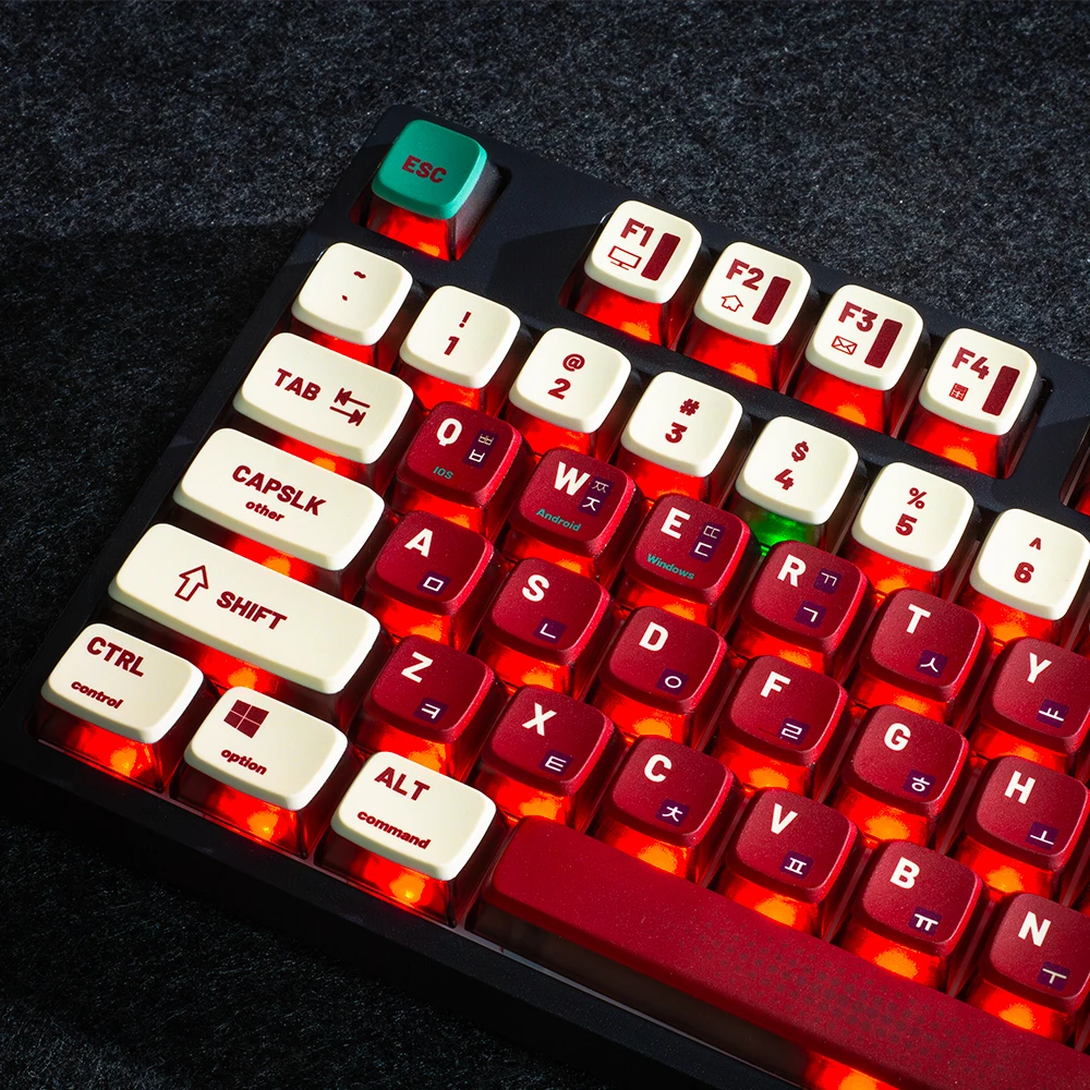Teclas coreanas rojas Retro, perfil ASA, sublimación térmica PBT, teclas de pudín translúcidas negras de cuatro lados para teclado mecánico