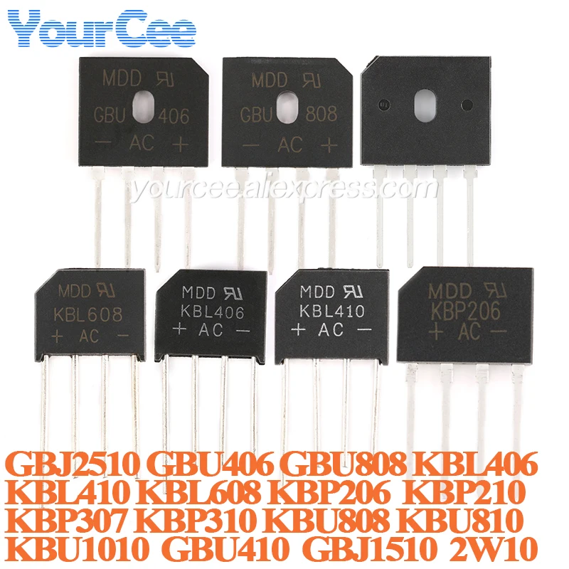 5 unids/lote puente rectificador de diodo KBU810 KBU1010 KBU808 KBP310 KBP307 KBP210 KBP206 GBJ2510 GBU406 GBU808 KBL406 KBL410 KBL608