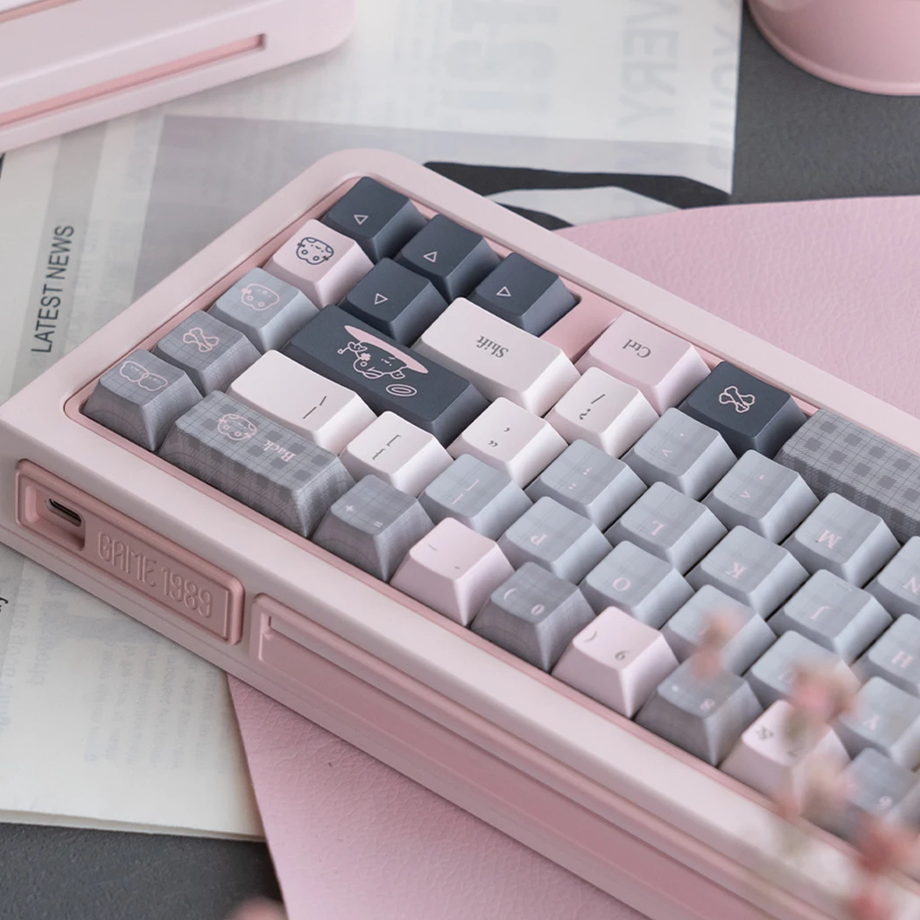 Juego de teclas con tema de conejo en polvo gris, perfil de cereza, teclas originales personalizadas hechas a mano para teclado mecánico, accesorios de regalo