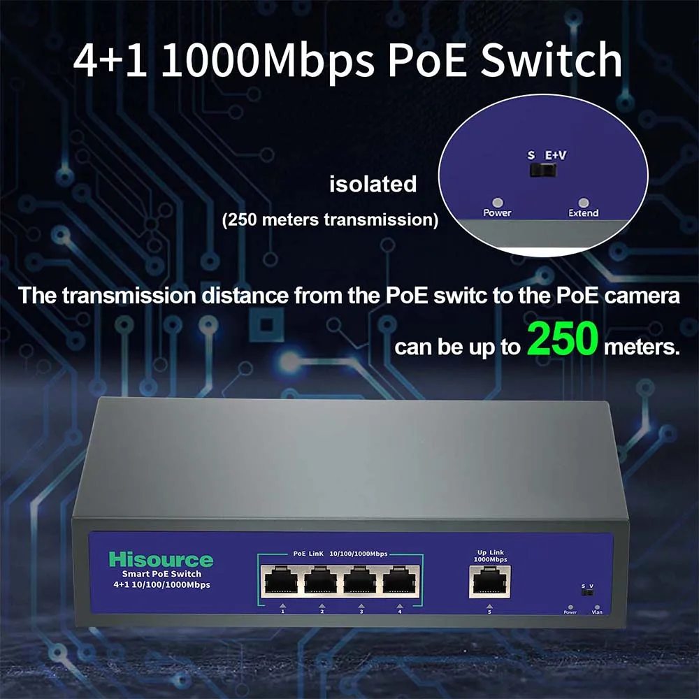 Hisource Conmutador POE Gigabit de 4 puertos Conmutador de red activo de 48 V con puerto de enlace ascendente de 1 * 1000 Mbps para IPC/AP inalámbrico - imagen 3