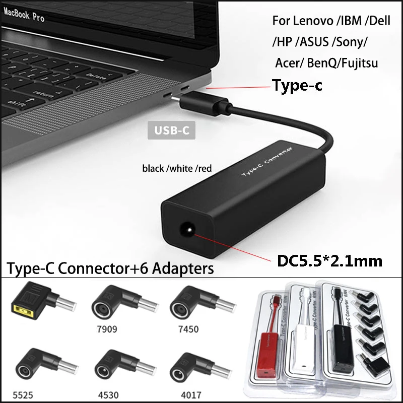 Convertidor adaptador de conector tipo C + 6 puertos de conversión de cargador muerto CC 65w para Lenovo/IBM /Dell /HP/ASUS/Sony/Acer/ BenQ/Fujitsu