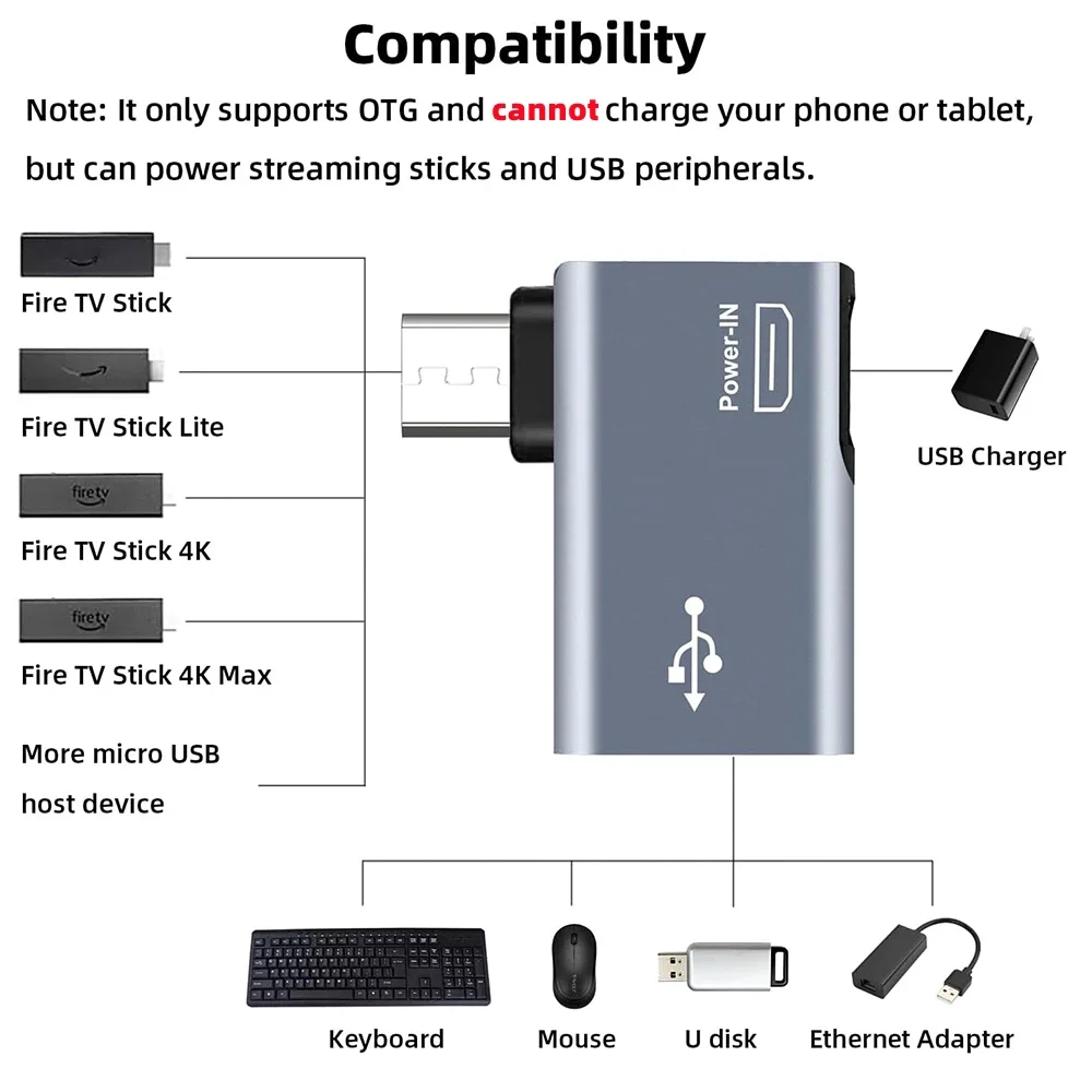 Adaptador OTG Para Fire TV Stick, adaptador de 90 grados, ángulo izquierdo/Derecho, alimentado por micro-usb a USB2.0, OTG, para tabletas y teléfonos Android - imagen 3
