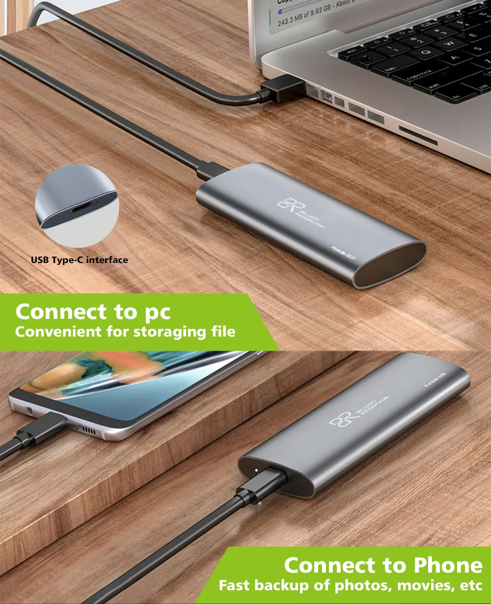 BR JP100 Disco duro externo SSD portátil de 2 TB USB3.2 tipo C 1000 MB/S tamaño mini 2 TB PSSD para computadora portátil de escritorio - imagen 2