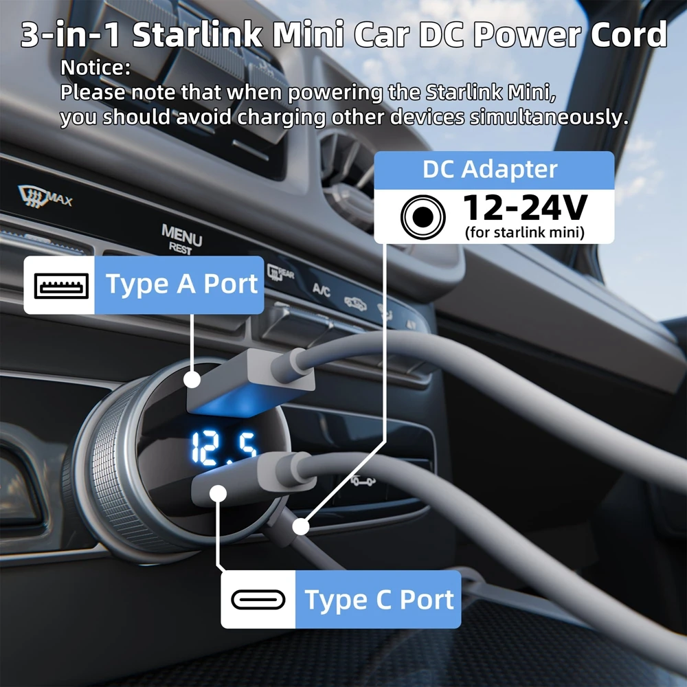 Para Starlink Mini 12V-36V adaptador de coche con convertidor elevador USB C 3 en 1 Cable de alimentación Boost encendedor de cigarrillos para barco RV - imagen 3