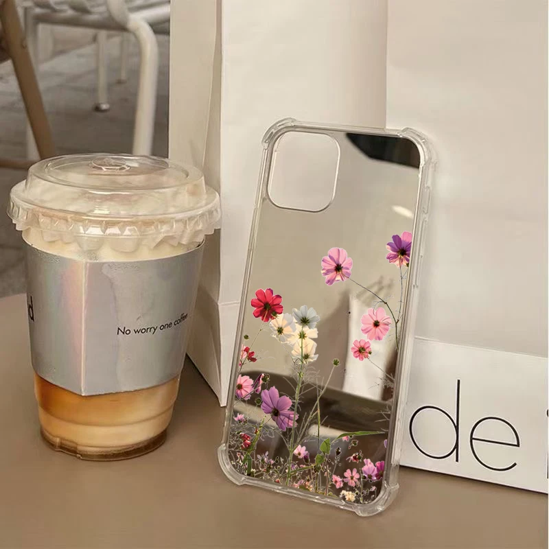 Funda de teléfono con espejo de flores para iPhone 16 17 Pro Max 15 14 13 12 11 Pro XS X XR 7 8 Plus espejo de maquillaje cubierta suave a prueba de golpes - imagen 2