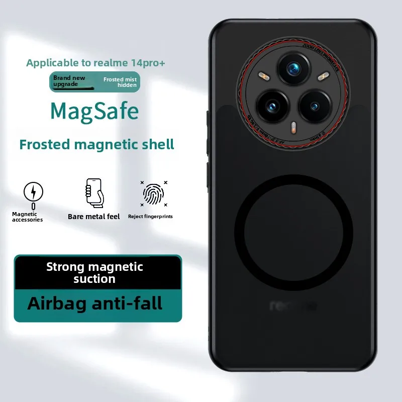 Funda Magsafe para Realme 14 Pro +, Airbag magnético absorbente de piel, cubierta negra transparente anticaída para Realme 14 Pro Plus