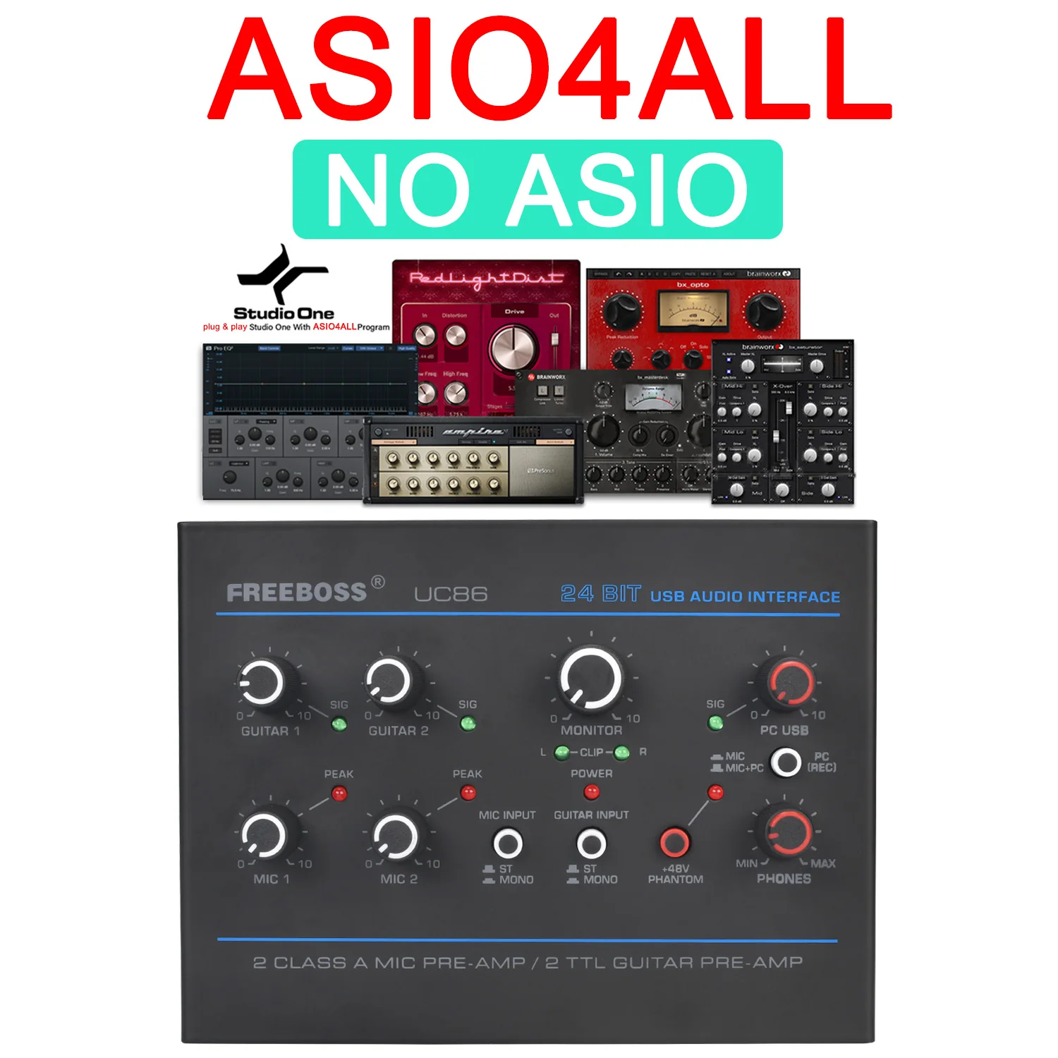 Freeboss-interfaz de Audio estéreo 3,5, tarjeta de sonido externa sin controlador para Windows ASIO4ALL UC86, 48V, PC, grabación de guitarra, 5 canales de entrada - imagen 3