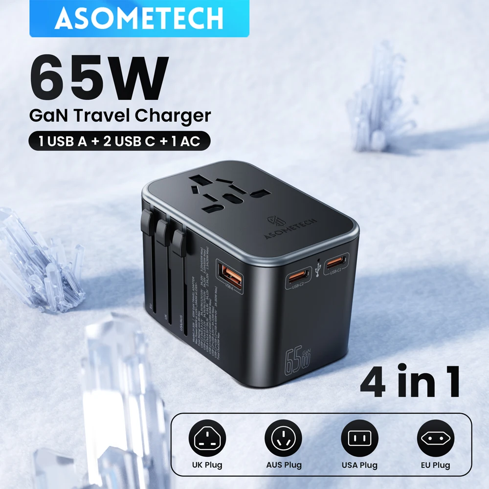 Adaptador de viaje internacional ASOMETECH 65W GaN PD3.0 QC3.0 PPS 3 USB GaN adaptador de carga rápida con enchufe UE AU EE. UU. Reino Unido para viajes