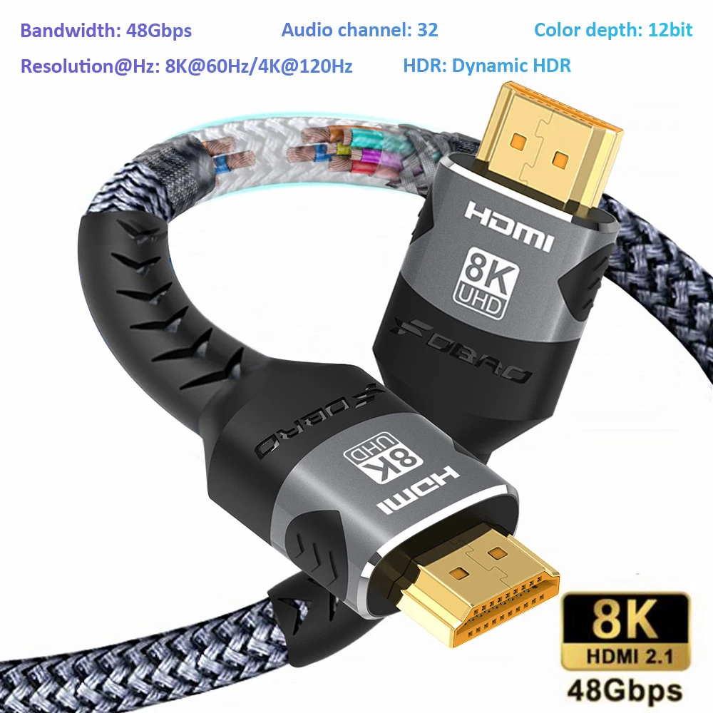 Cable Compatible con HDMI 8K, 4K @ 120Hz, 8K @ 60Hz, Cable HDMI 2,1, adaptador de 48Gbps para RTX 3080 eARC HDR, Cable de vídeo, PC, portátil, TV box PS5
