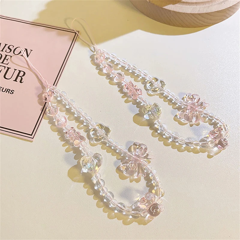 Coreano oso rosa mariposa flor correa de teléfono encanto cadena nudo teléfono móvil cordón llavero mujer chica bolso cámara colgante para funda