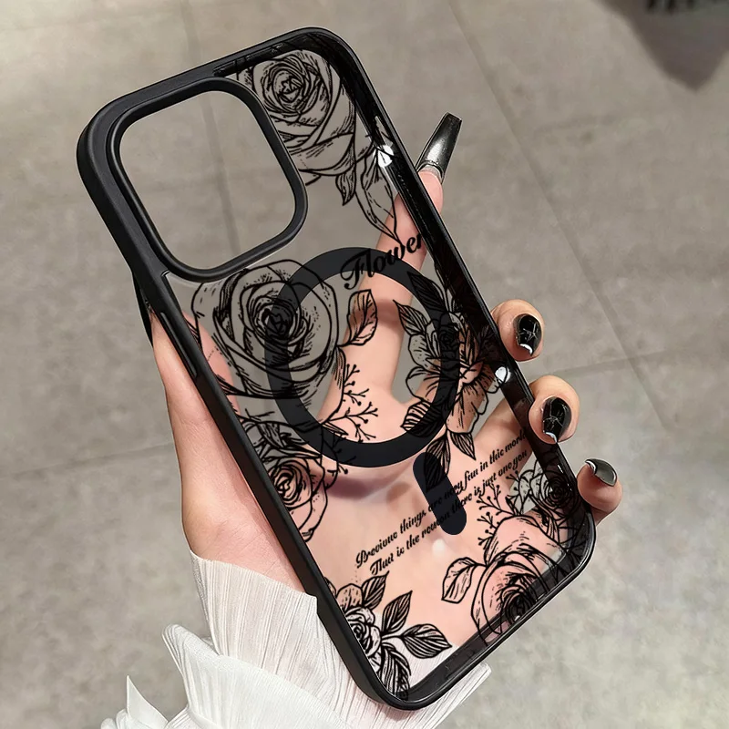 Funda de teléfono suave Circular magnética integrada Ultra transparente Floral para iPhone 17 Pro Max 16 15 14 Plus 13 12 11 cubierta transparente de aire - imagen 2