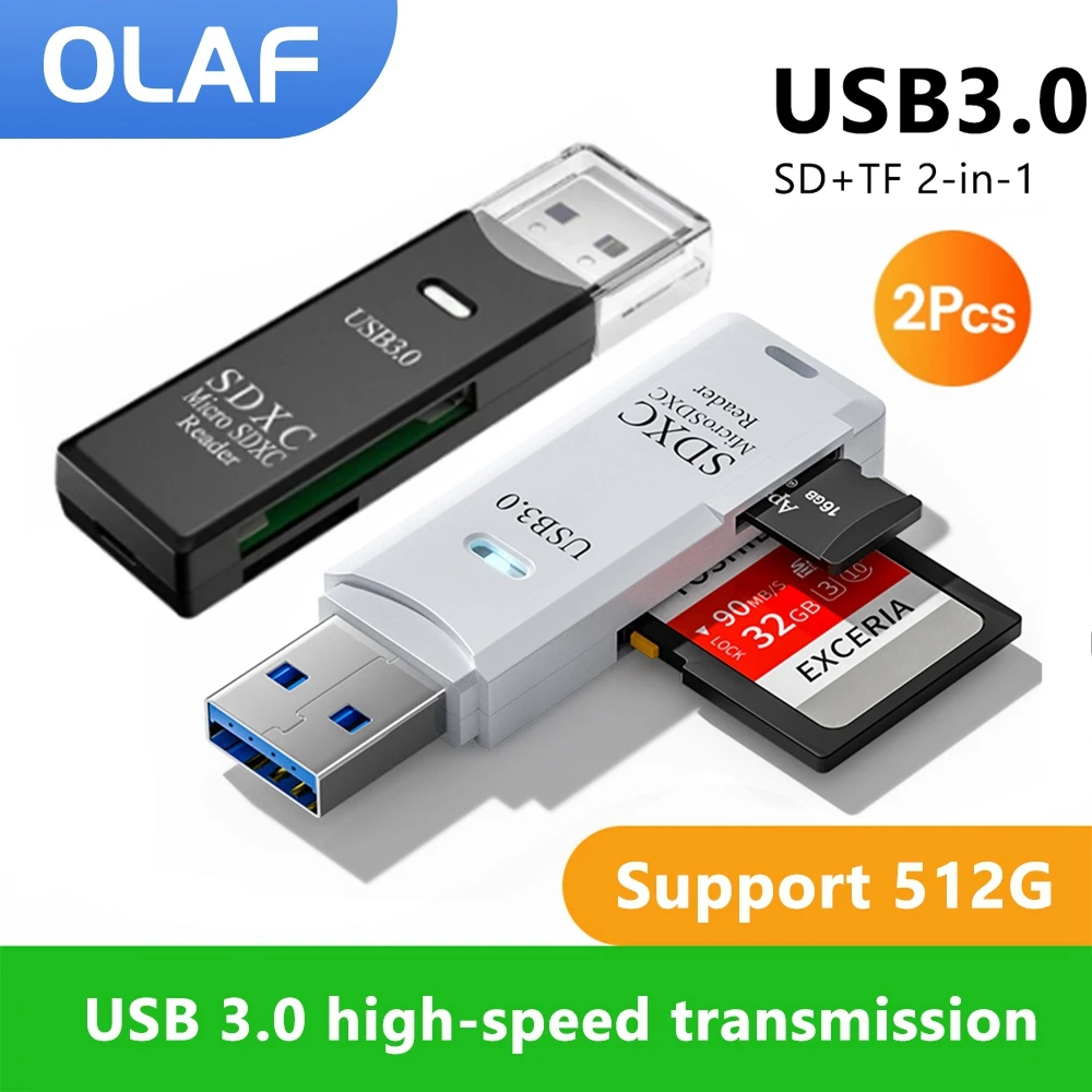 Lector de tarjetas USB 3,0 de alta velocidad 2 en 1, adaptador de lectura de tarjetas de memoria Micro SD TF para teléfono, PC, accesorios para ordenador portátil, 2 uds.
