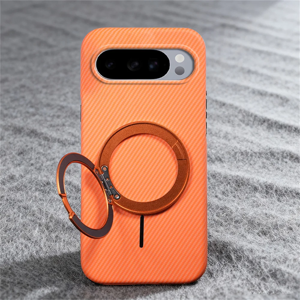 Funda de teléfono de fibra de carbono con soporte magnético giratorio de lujo para Google Pixel 9 10 Pro XL 9A anillo magnético soporte plegable cubierta dura