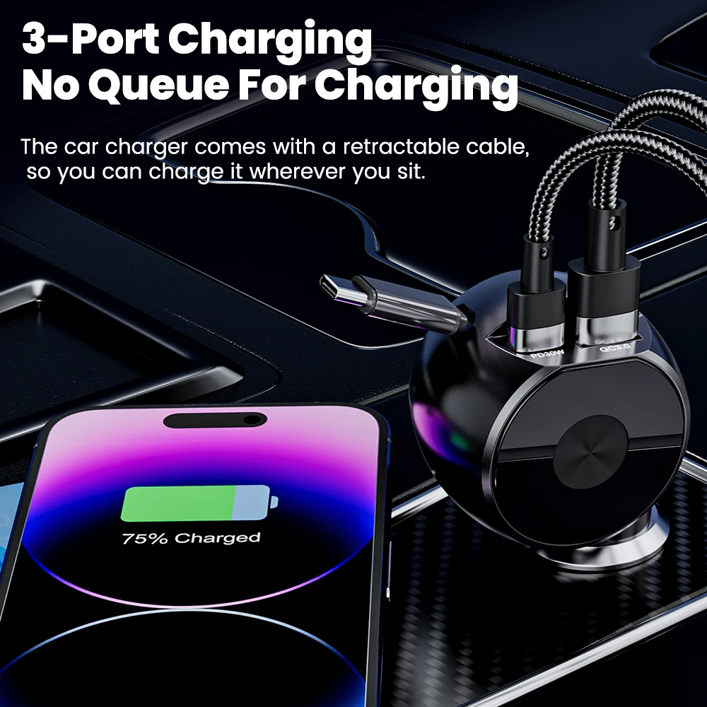 Cargador de coche de 3 puertos 78W con Cable de datos retráctil PD30W QC3.0 adaptador de cargador de teléfono de coche para iphone Samsung Huawei Xiaomi - imagen 2