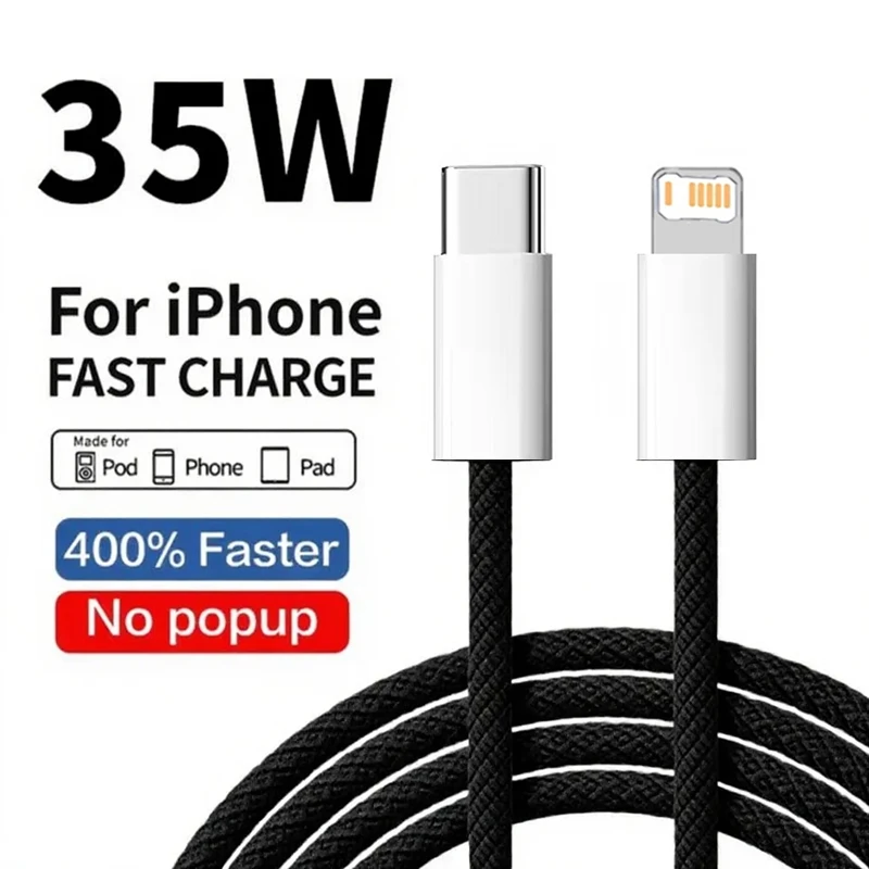 Cable PD de carga rápida trenzado de nailon de 35W para iPhone 13 14 Pro Max 11 12 Mini X XR XS Max 8 Plus SE USB-C Cables de datos de teléfono 1m 2m