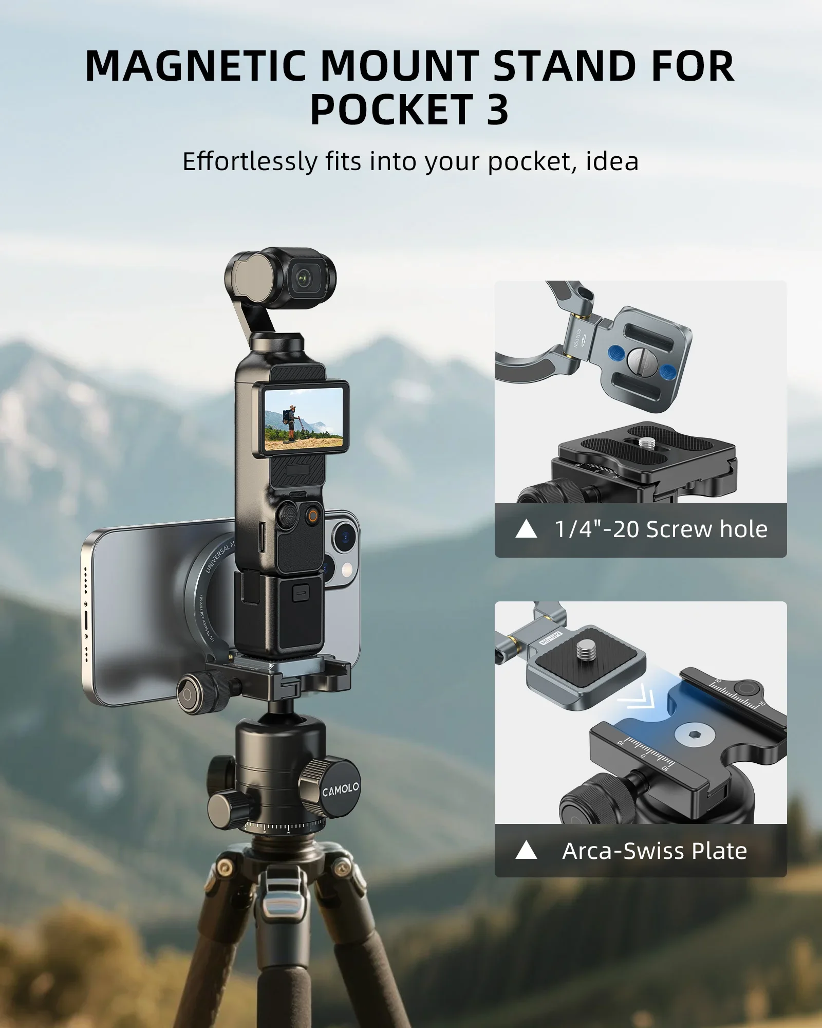 Soporte de montaje magnético CAMOLO para DJI Osmo Pocket 3 soporte de teléfono de expansión magnética con soporte adaptador Arca-Swiss Pocket 3 1/4-20 - imagen 3