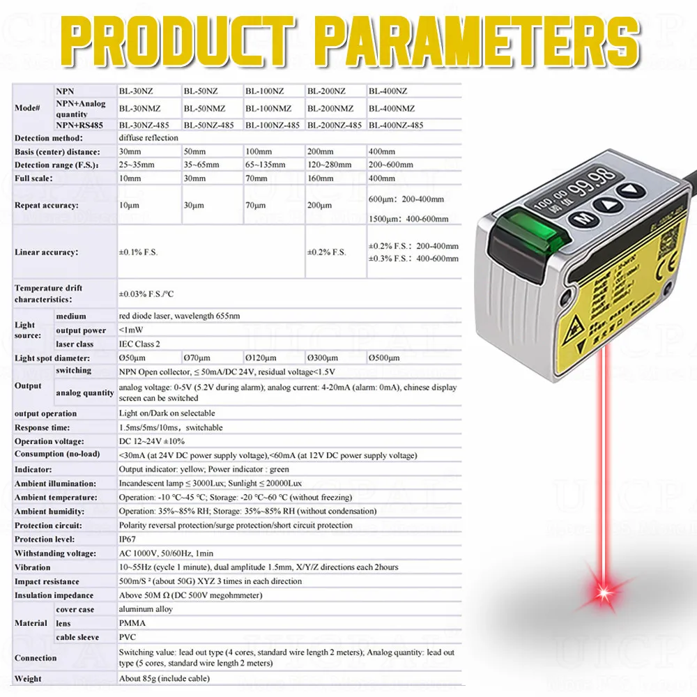 Sensor de distancia de desplazamiento láser, medición de espesor, altura, alta precisión, 0,002mm, transmisor de salida analógica 485 - imagen 4