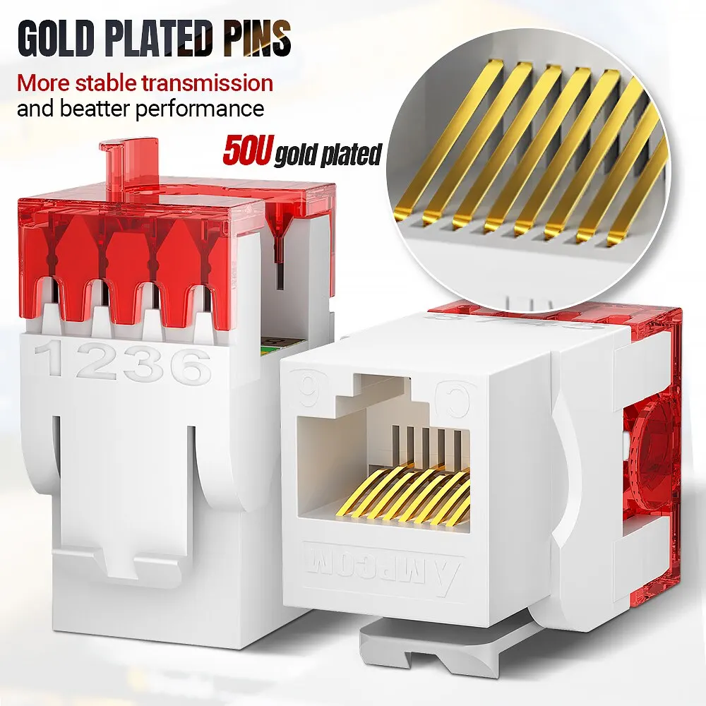 AMPCOM CAT6 Keystone Jack tipo delgado, conector de módulo RJ45 sin enganche tipo Krone de 1/ 10Gbps, enchufe UTP chapado en oro de 50U de 180 grados - imagen 3